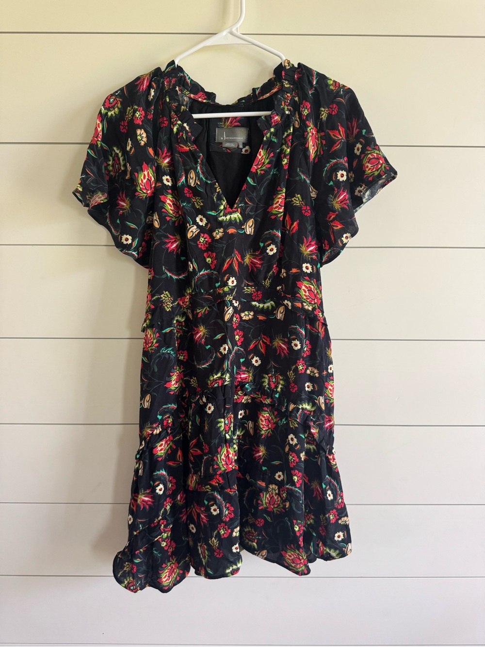 Anthropologie Black Floral Flutter-Sleeve Dress